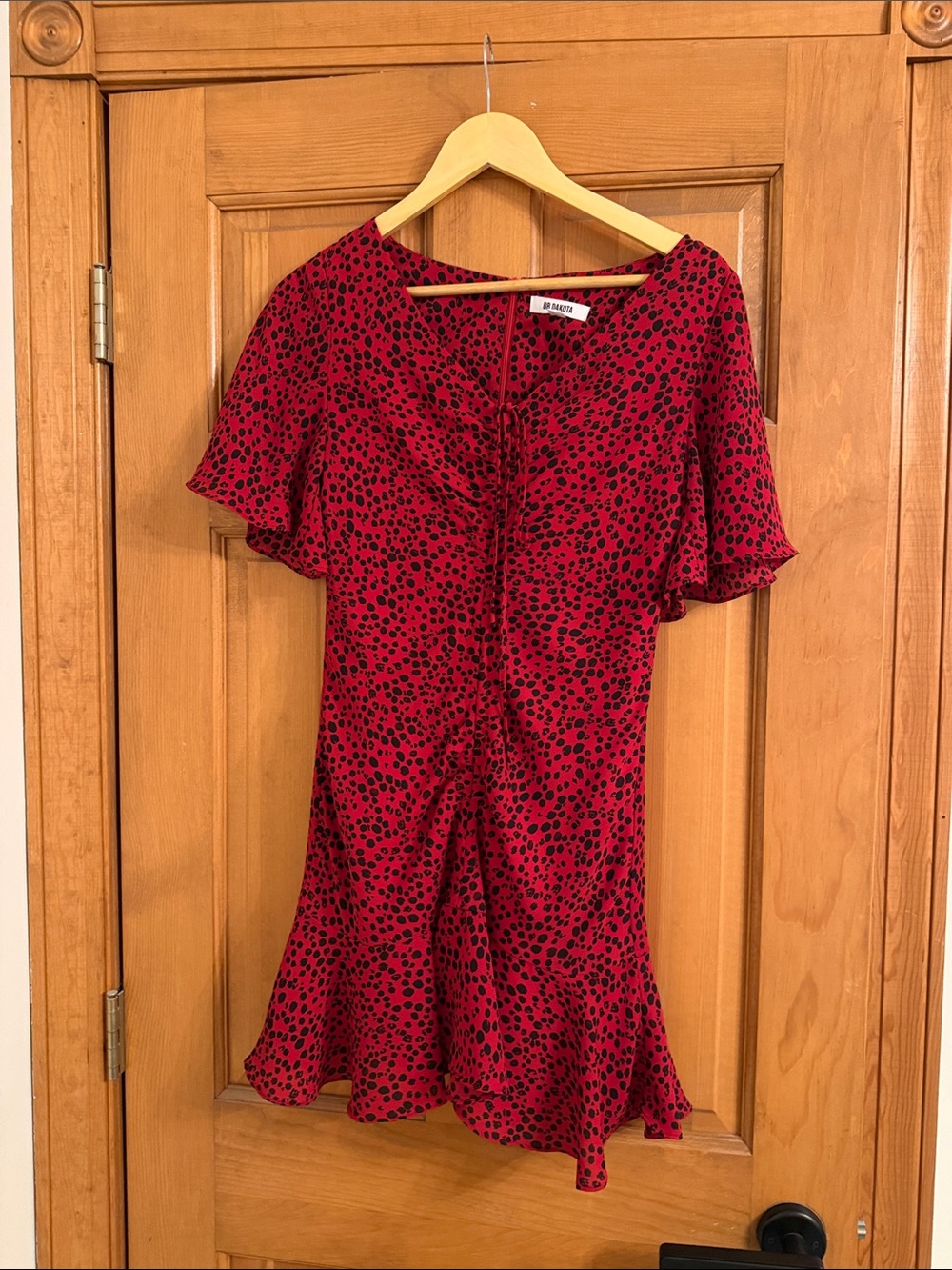 BB Dakota Red Dress with Black Spot Print and Flutter Sleeves